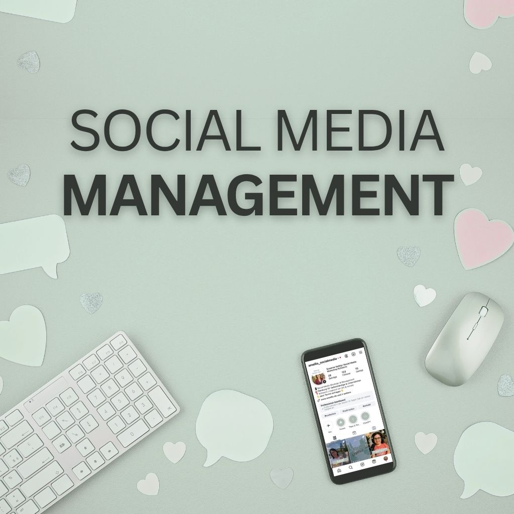 Grafik mit dem Schriftzug „Social Media Management“ sowie Smartphone, Tastatur und Maus – Social Media Betreuung für Unternehmen und Selbstständige.