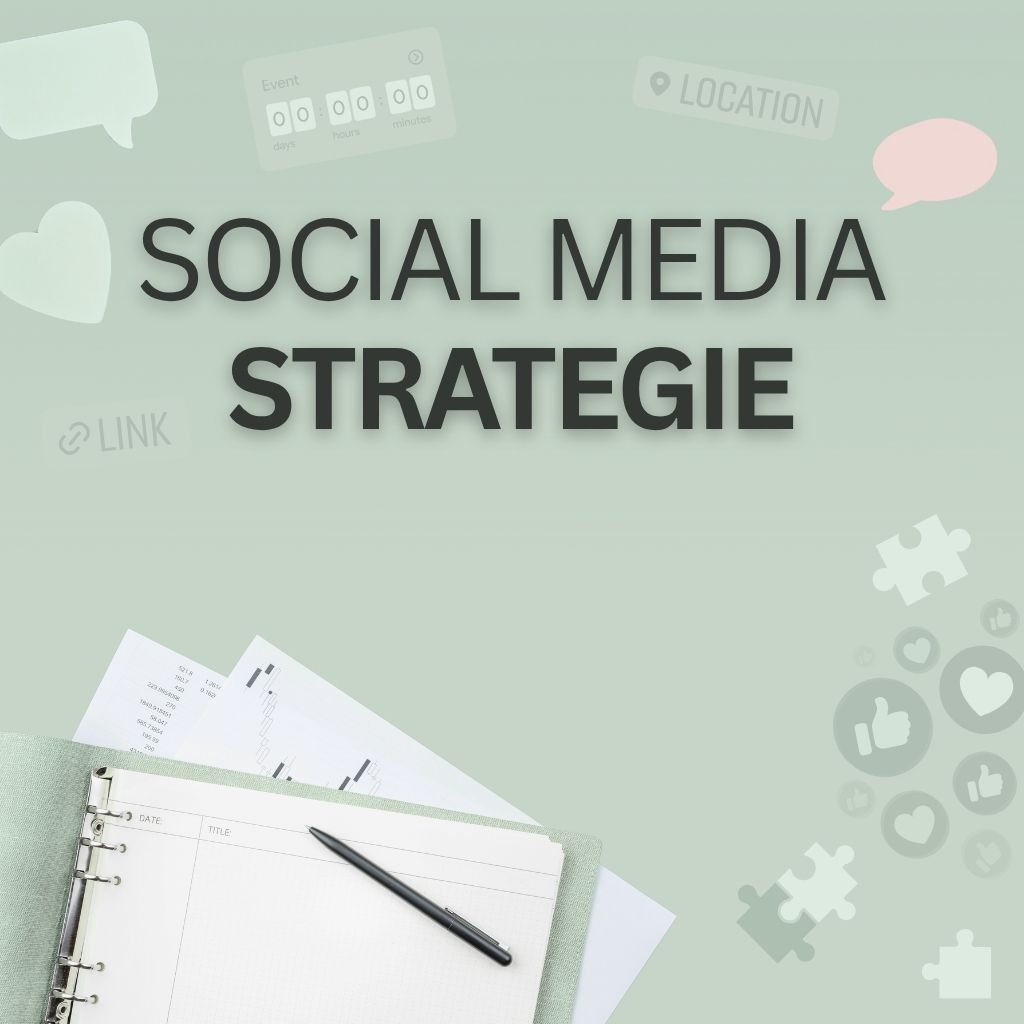 Grafik mit dem Text „Social Media Strategie“ sowie Planungsunterlagen – Symbol für strukturierte Content-Strategie im Online-Marketing.