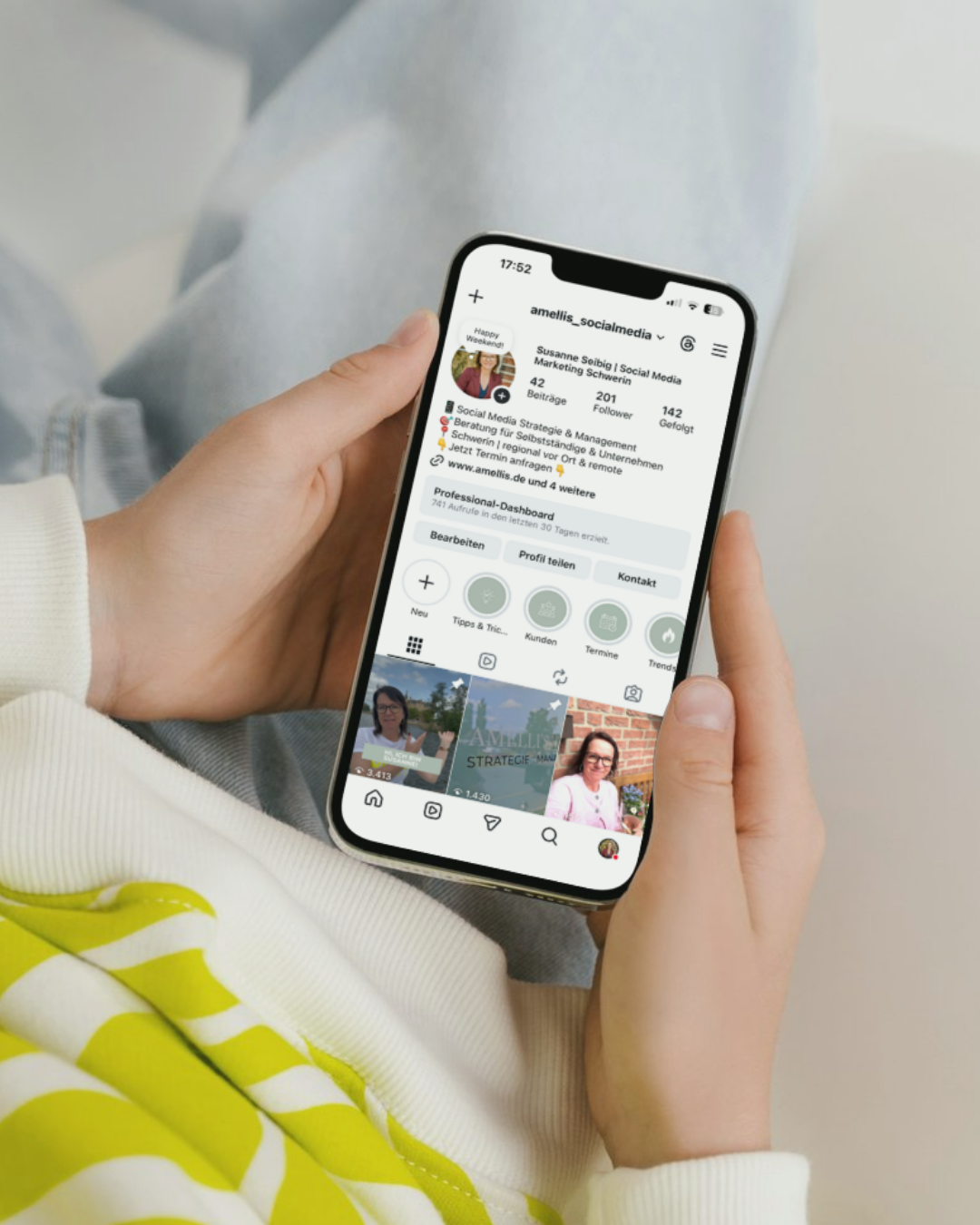 Instagram-Profil von Susanne Seibig auf einem Smartphone – Social Media Marketing Schwerin sichtbar und professionell präsentiert.